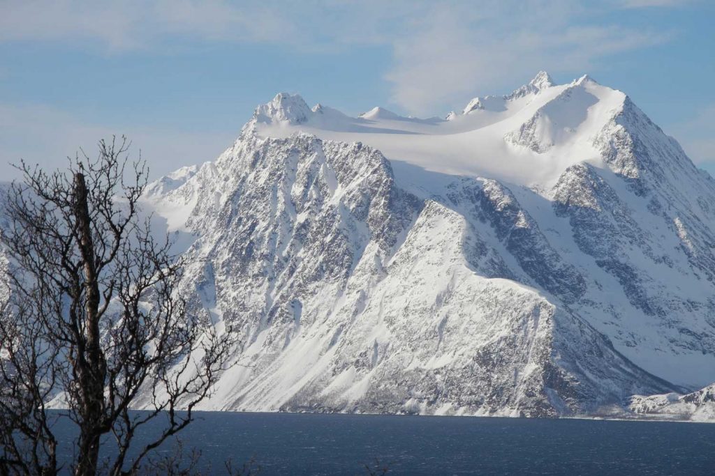 Skitouren-Norwegen-Lyngenalps---Am-Fjord-mit-Blick-zum-Berg