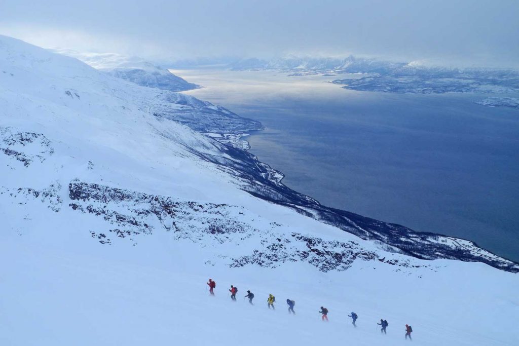 Skitouren-Norwegen-Lyngenalps---Skitourengruppe-beim-Aufstieg